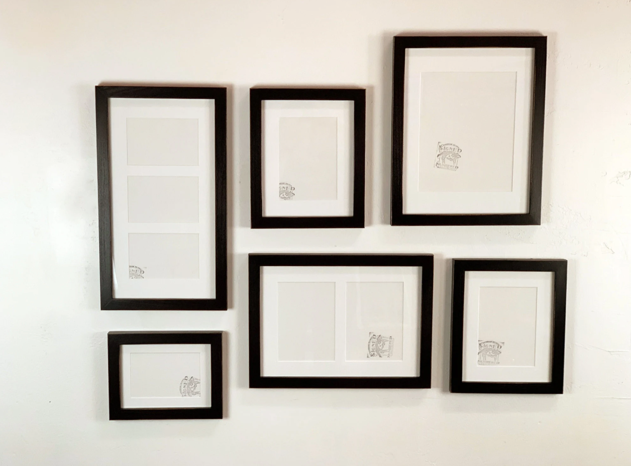 Set of 6 gallery style picture frames in 1x1 Flat - Choose your frame & mat color